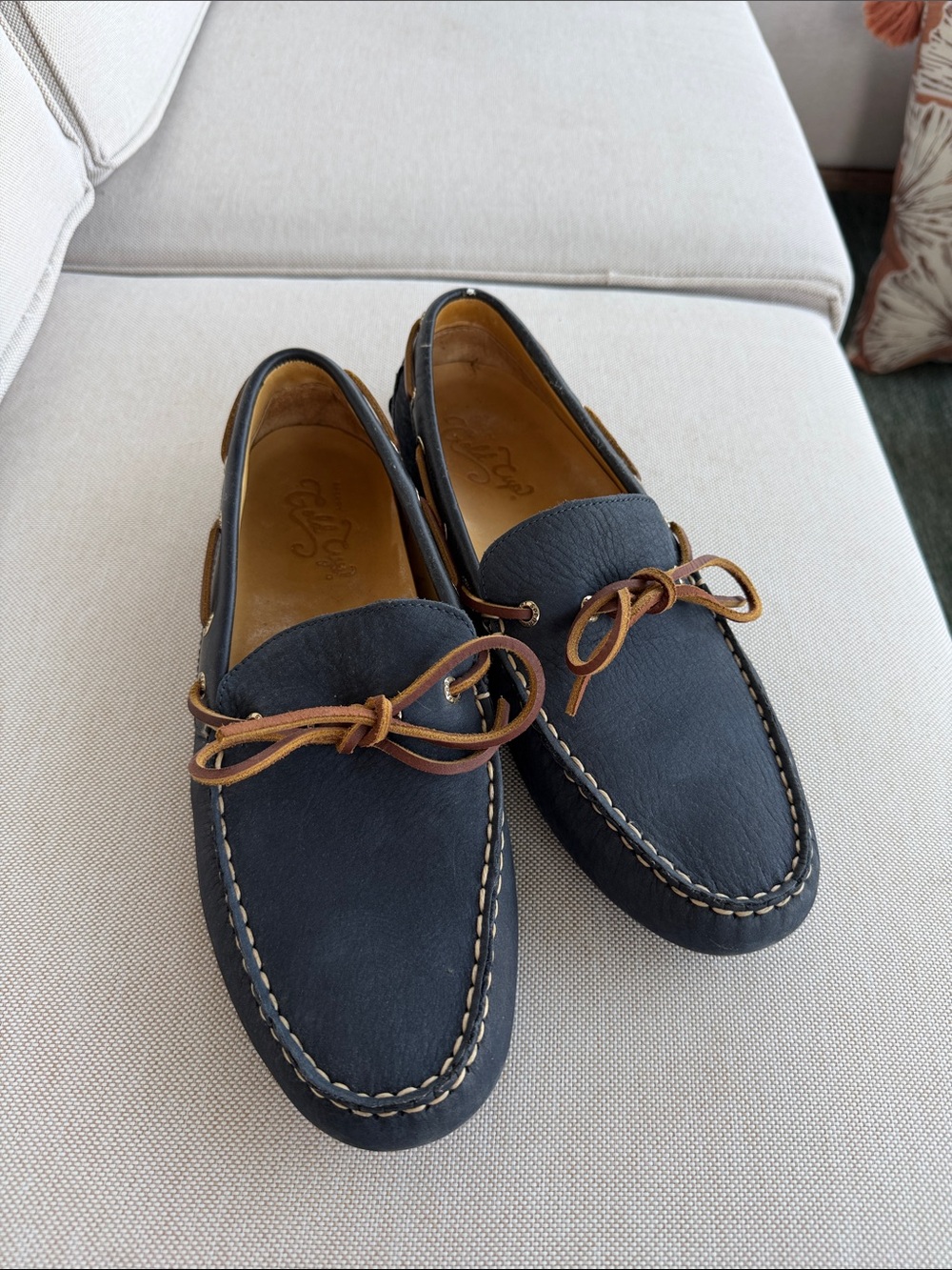 Sperry Navy Leather Boat Shoes with Brown Lace Trim